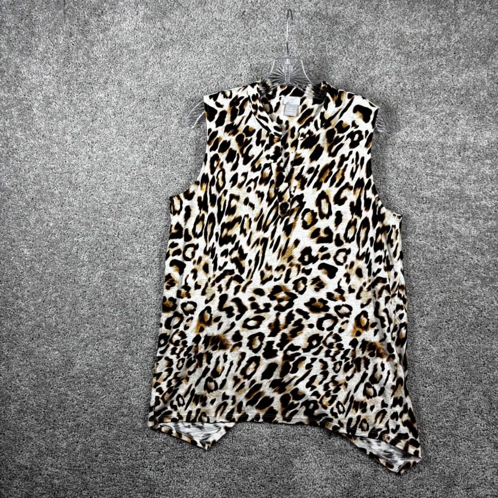 Chicos Leopard Print Sleeveless Top Sharkbite Hem Petite 2P Cotton Modal Brown